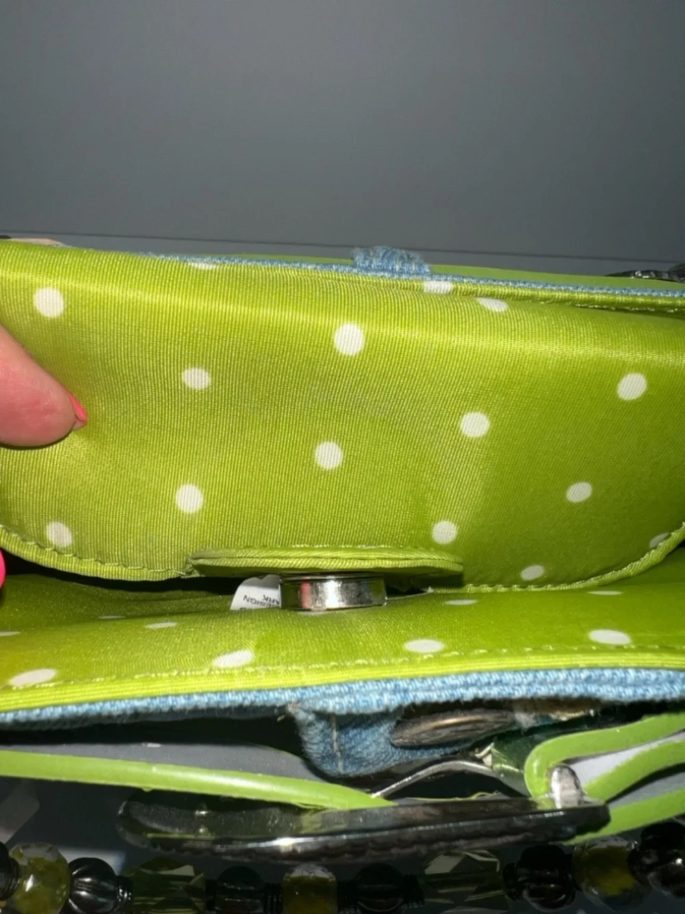 NWT MINGHAOS Denim Bag With Lime Green Belt and Beaded Handles - Picture 10 of 14